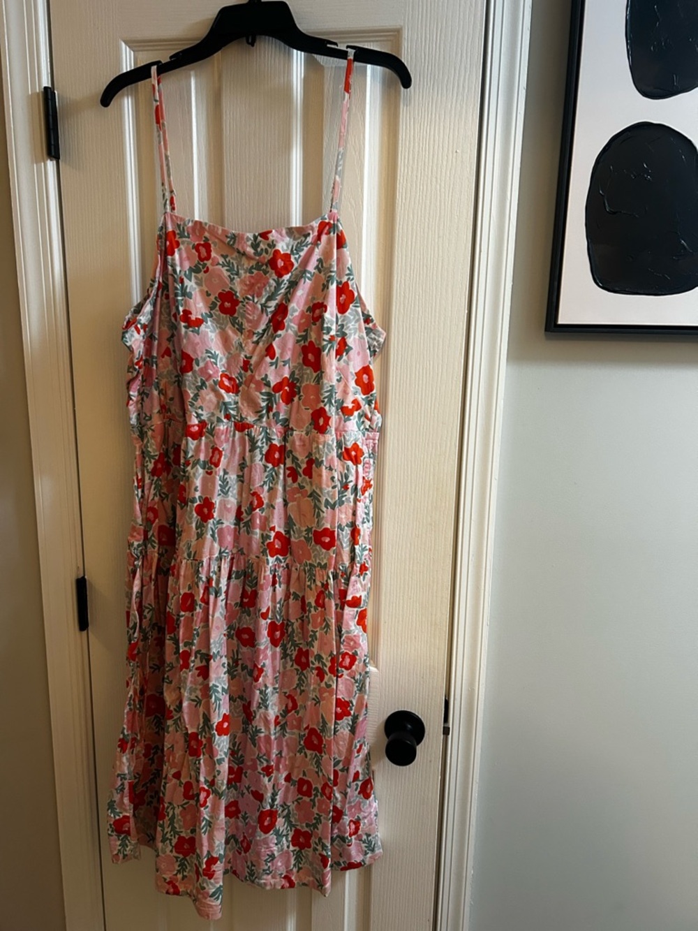 Floral Tiered Midi Dress with Spaghetti Straps - Pink/Red